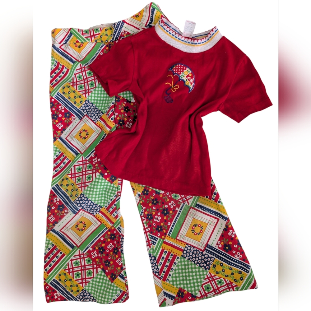 70s Sears Vintage Girls patchwork Floral Print Flare‎ Pants & Matching Set Rare